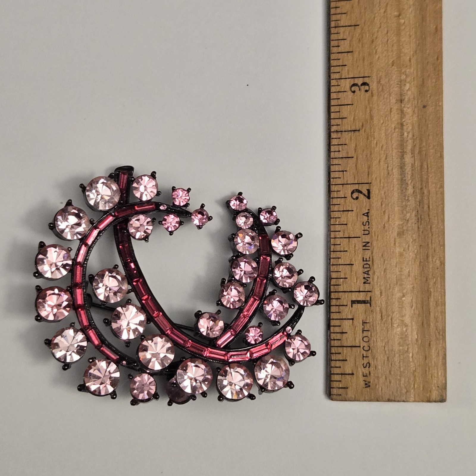 Pink Rhinestone Fancy Swirl Large Brooch Pin, Black Setting, Vintage Express