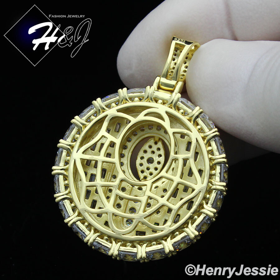 925 STERLING SILVER CUBIC ZIRCONIA GOLD PLATED EVIL EYE HAMSA ROUND PENDANT*G367