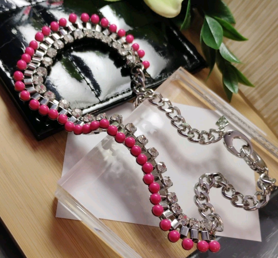 Designer ADORNABLE U Silvery Hot Pink Gem w/Crystal Rhinestones 17″ Necklace!