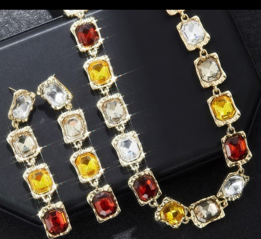 Gold Tone Multicolor Cushion Crystal Necklace & Dangle Earrings Jewelry Set