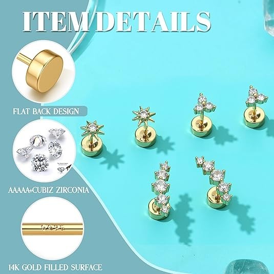 Dochais Flat Back Stud Earrings 14k Gold Plated 925 Silver Set Hypoallergenic