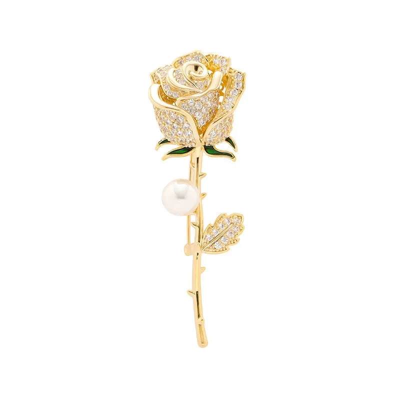 Elegant Gold Tone Rose Flower Brooch Pin Rhinestone CZ Floral Lapel Pin Women
