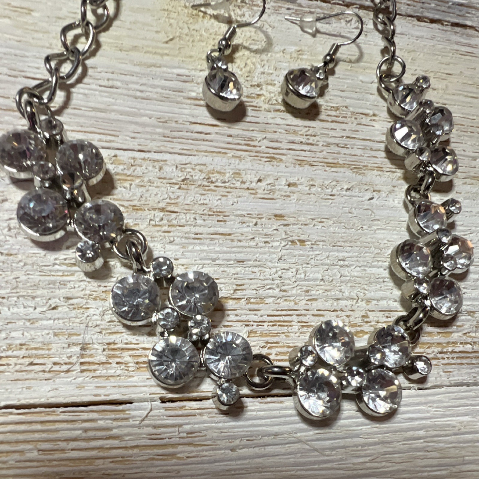 Silver Tone Clear Round Crystal Rhinestone Necklace & Dangle Earrings Set