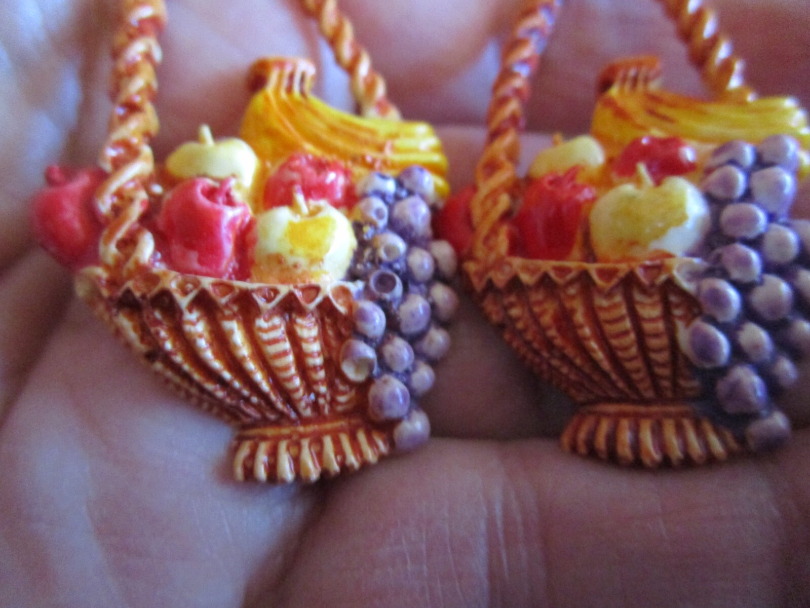 Wood Basket/fruits Dangle pierced Earrings, enamel/ceramic/wood NO24-29