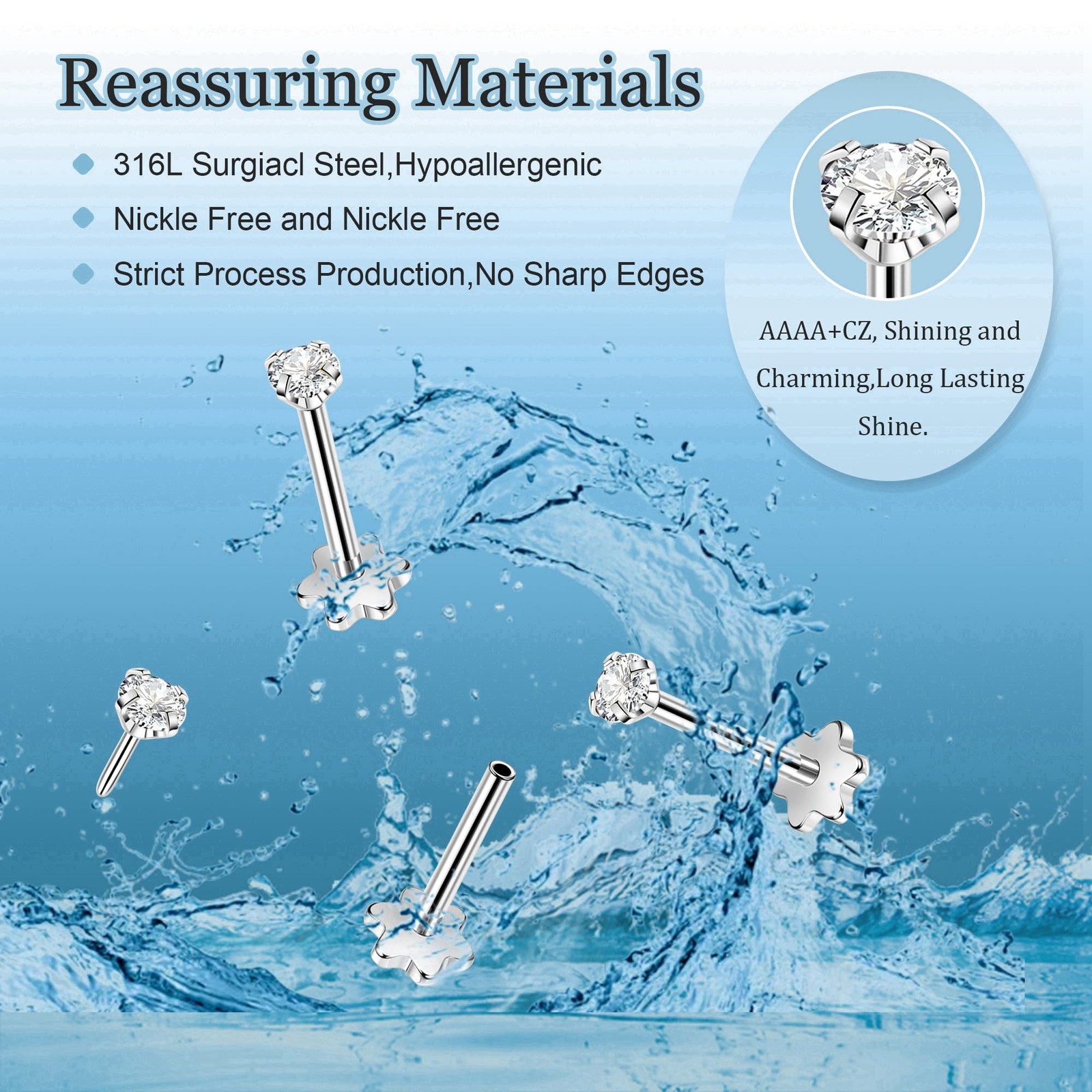 Masedy 3Pairs 20G Surgical Steel Threadless Studs Earrings Push in Flat Back …