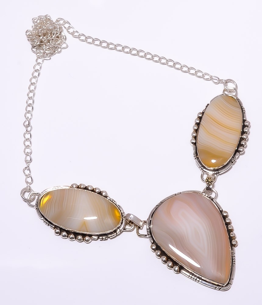 Yellow Banded Agate 925 Sterling Silver Necklace 17.99″, Christmas Gift N6175-2