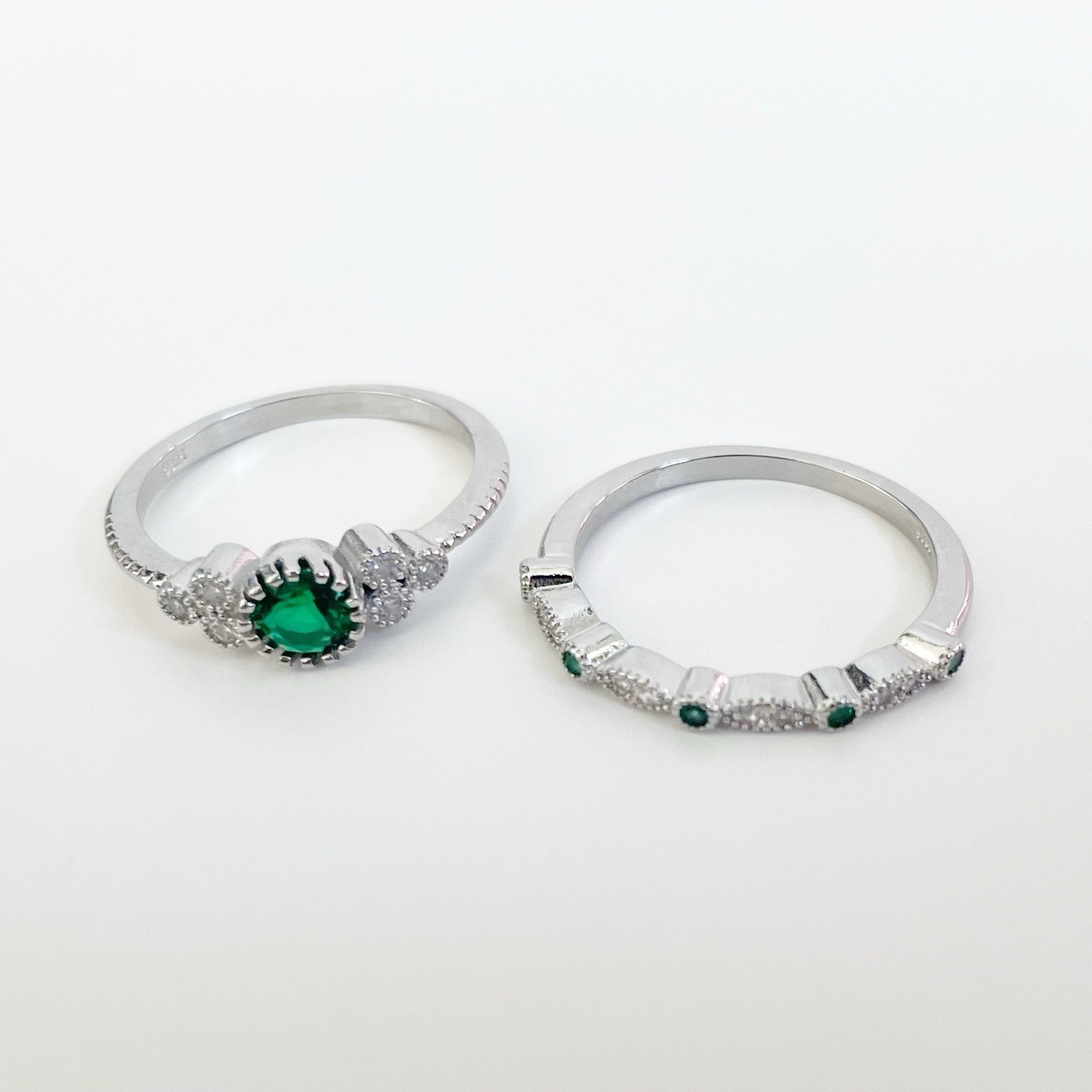Sterling Silver 925 Ring Set Green Emerald Cubic Zirconia Size 9 Womens