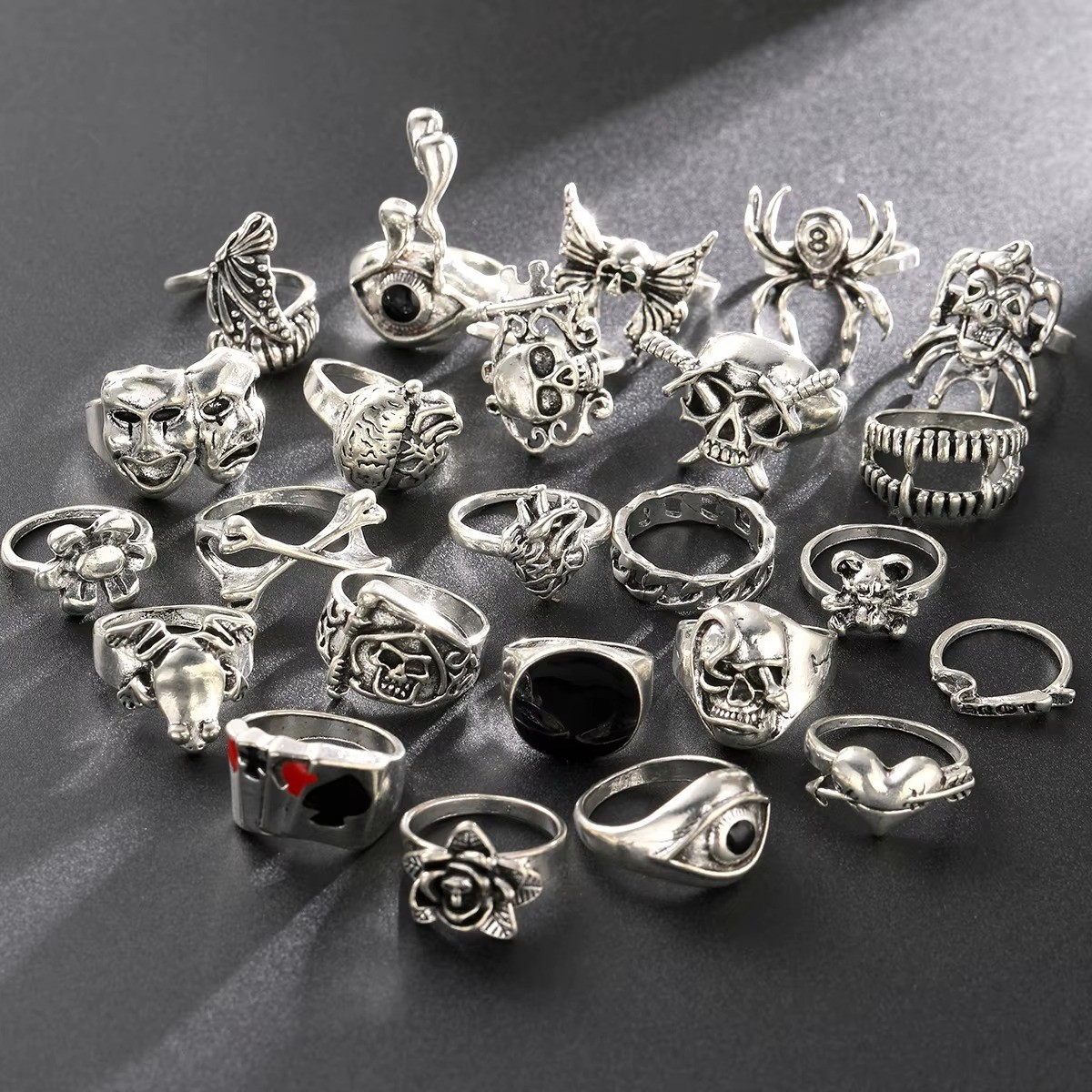 24pcs Gothic Skeleton Ring Set Punk Grunge Unisex Street Jewelry Gift Free Ships