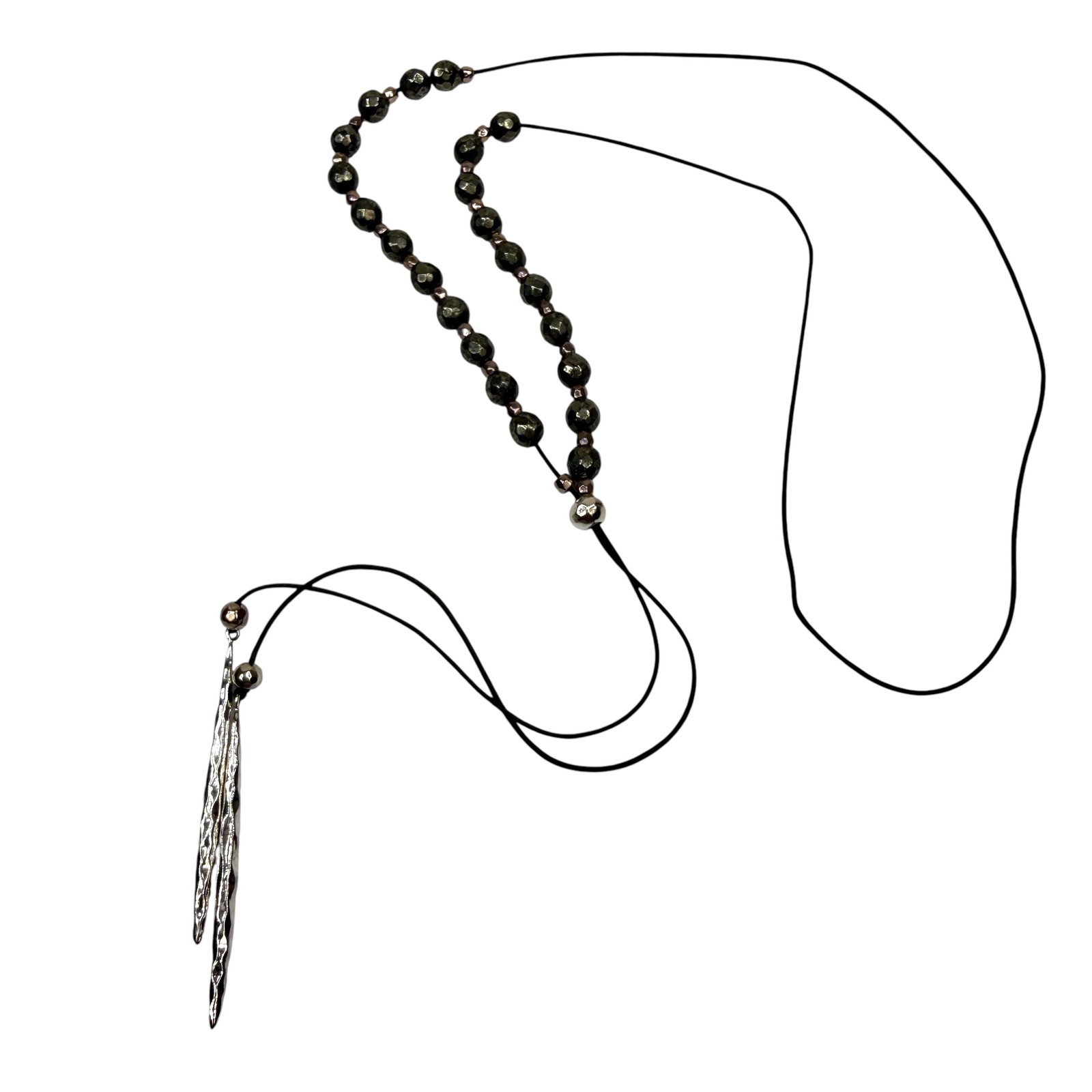 Lariat Y Necklace Green Grey Faceted Metal Beads Silver Tone Bar Pendant 18 in