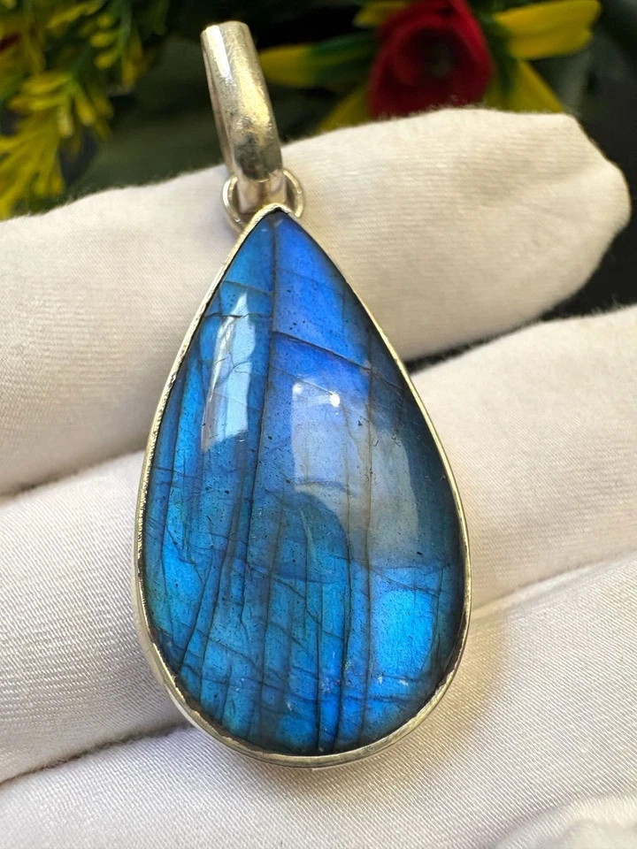 Blue Flash Labradorite Pendant 925 Sterling Silver Teardrop Gemstone
