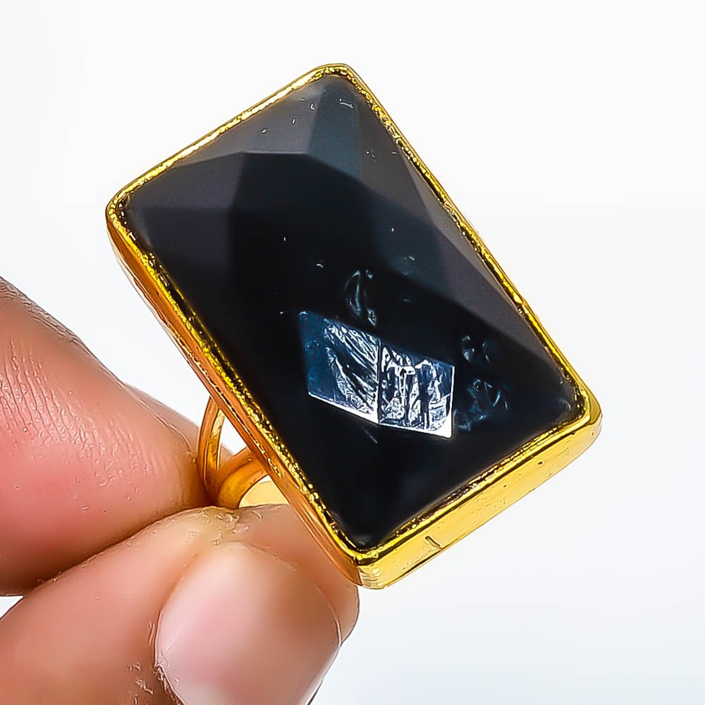 Black Onyx Gemstone 18k Yellow Gold Plated Ring s.9 R623-604