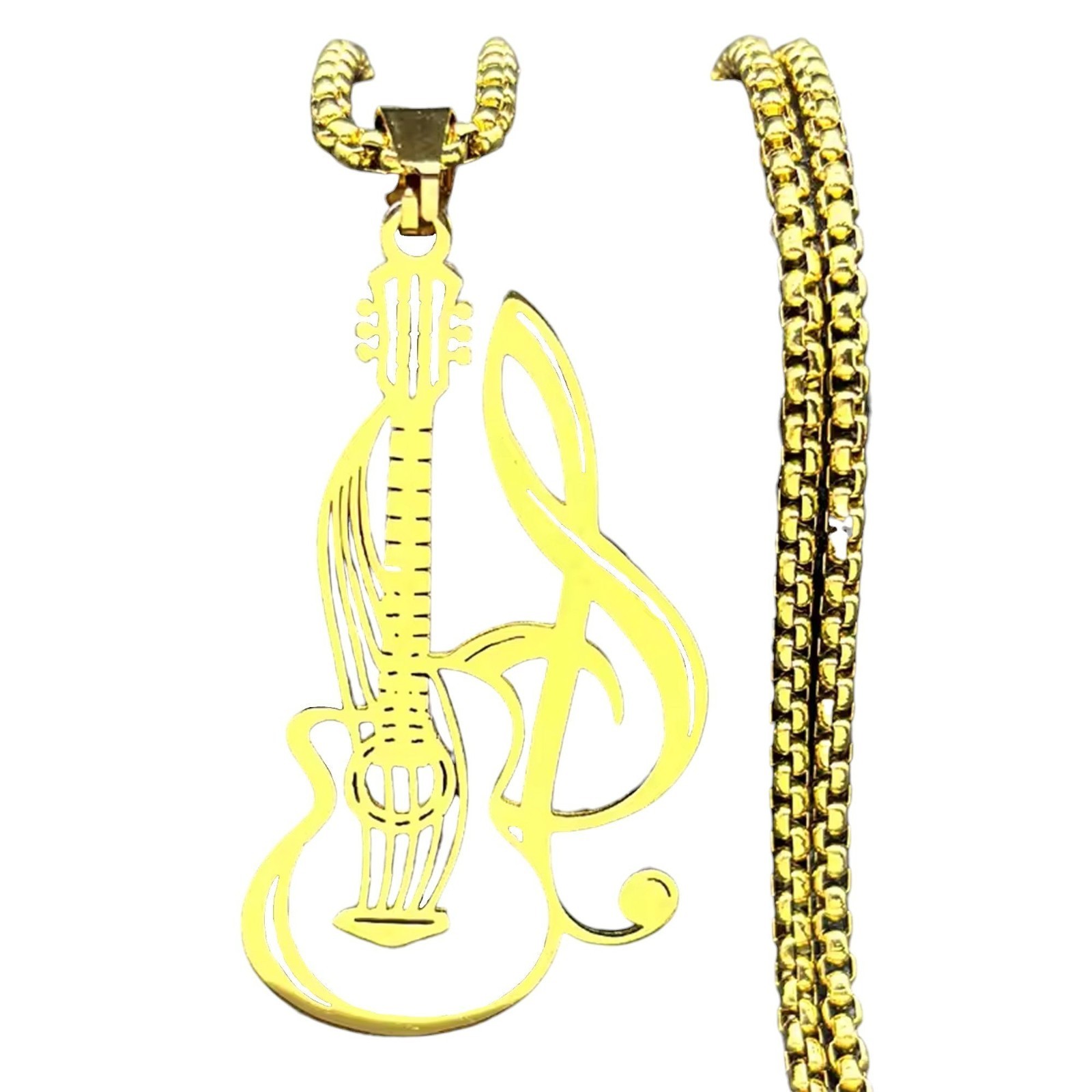 Guitar Necklace Gold PVD 316L Stainless Steel Music Bass Pendant Mens Womens