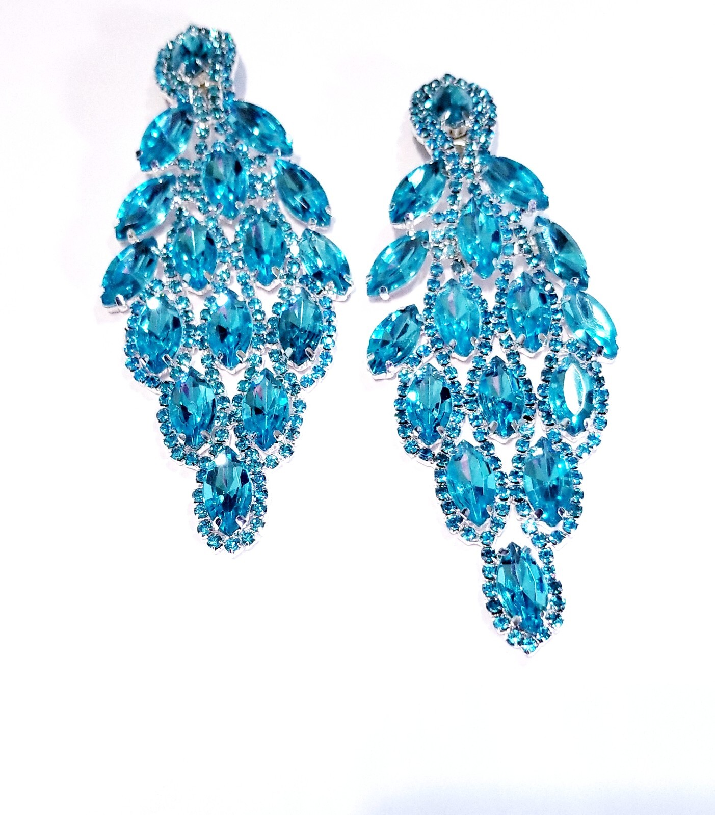 PIERCED Drop Dangle Chandelier Earrings 5.4 inch Aqua Rhinestone Pageant Prom