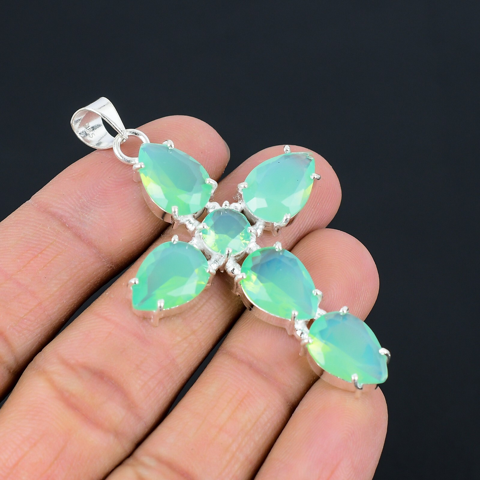 Aqua Chalcedony Handmade Cross Design Pendant Jewelry Party Wear 2.6″ CP 010