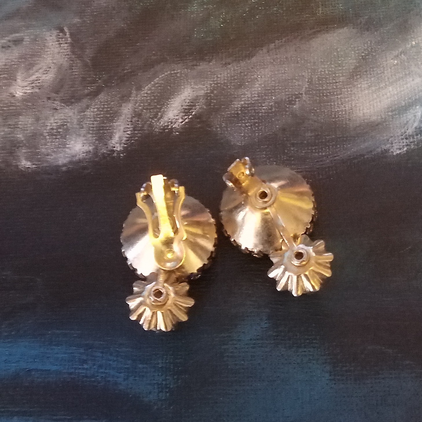Gold Tone Clip-On Stud Earrings Purple Round Stone with Faux Pearl Drops