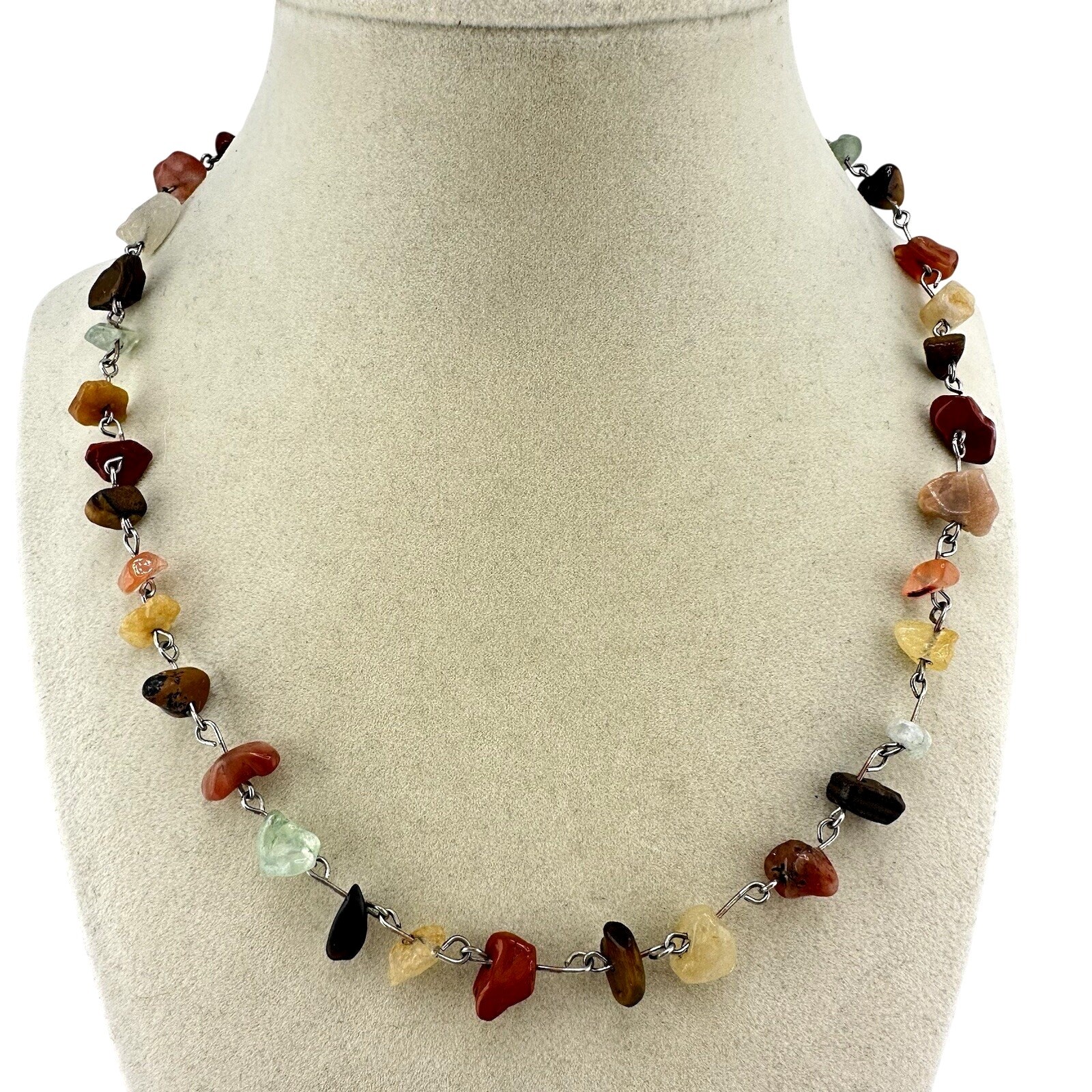 Semi Precious Stone Chips Tumbled Quartz Jasper Agate Silver Tone 20” Necklace