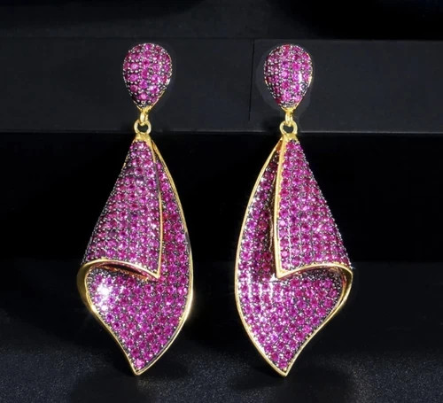 18k Gold Plated Lab-Created Pink Sapphire Drop Earrings Christmas Jewelry Gift