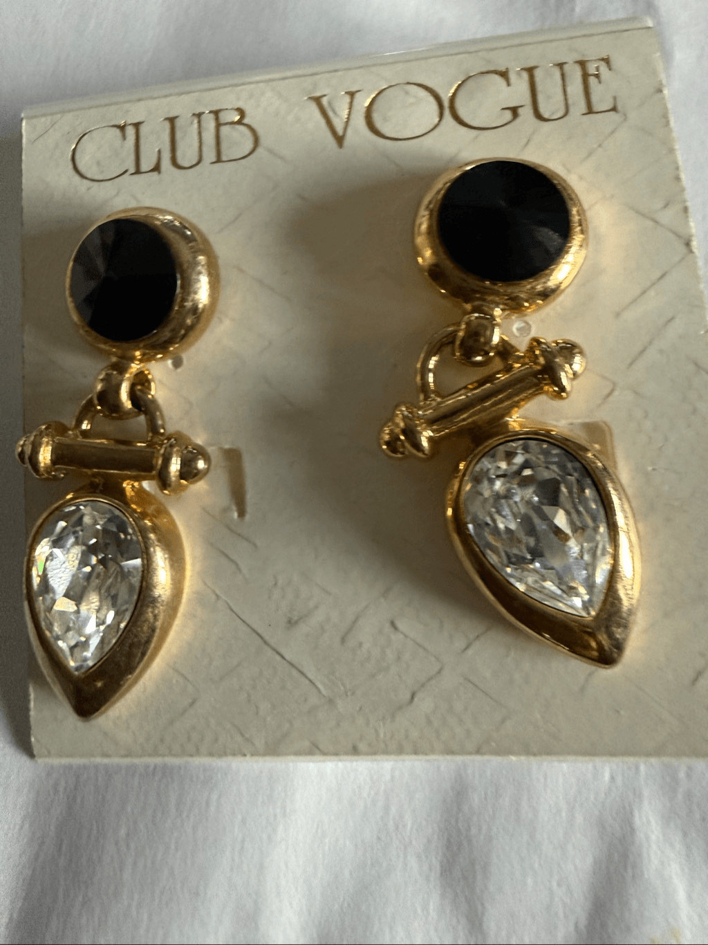 Club Vogue Women’s Gold Tone Black Onyx Pear-Shaped Crystal Drops Earrings NWT