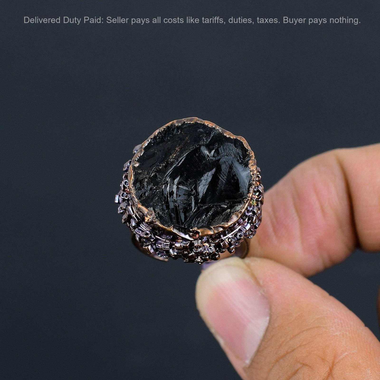 Copper Black Tourmaline Rough Stone Solitaire Electroformed Artisan Ring Jewelry