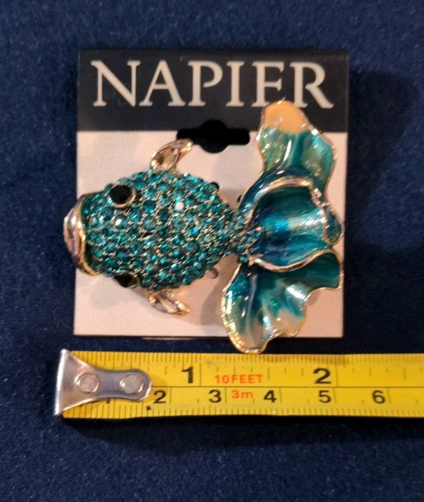 Napier Fancy Koi Gold Fish Brooch Pin Gold Tone Blue Green Rhinestone Enamel 2″