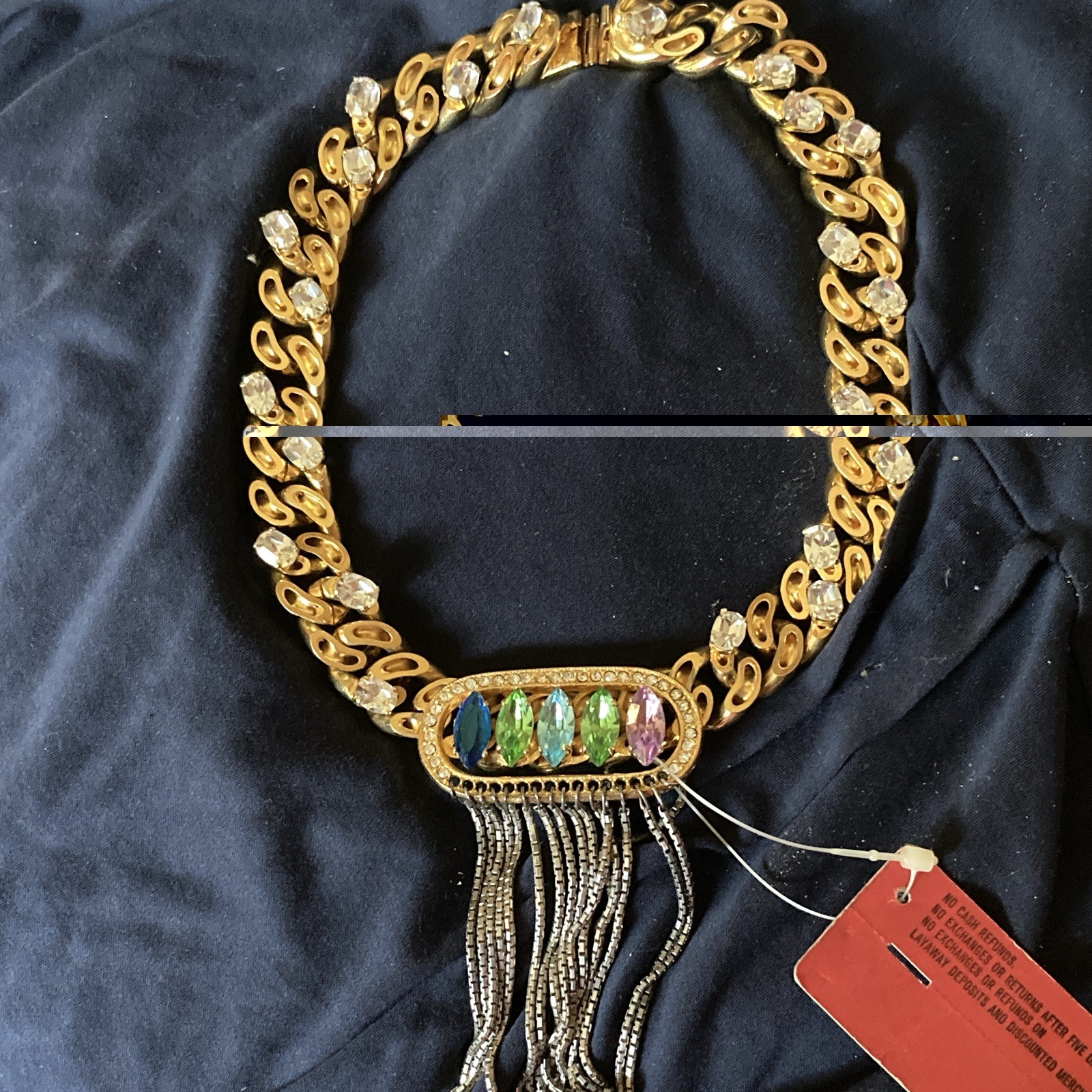 Gold Tone Multicolor Marquise Crystal Tassel Fringe Statement Link Necklace