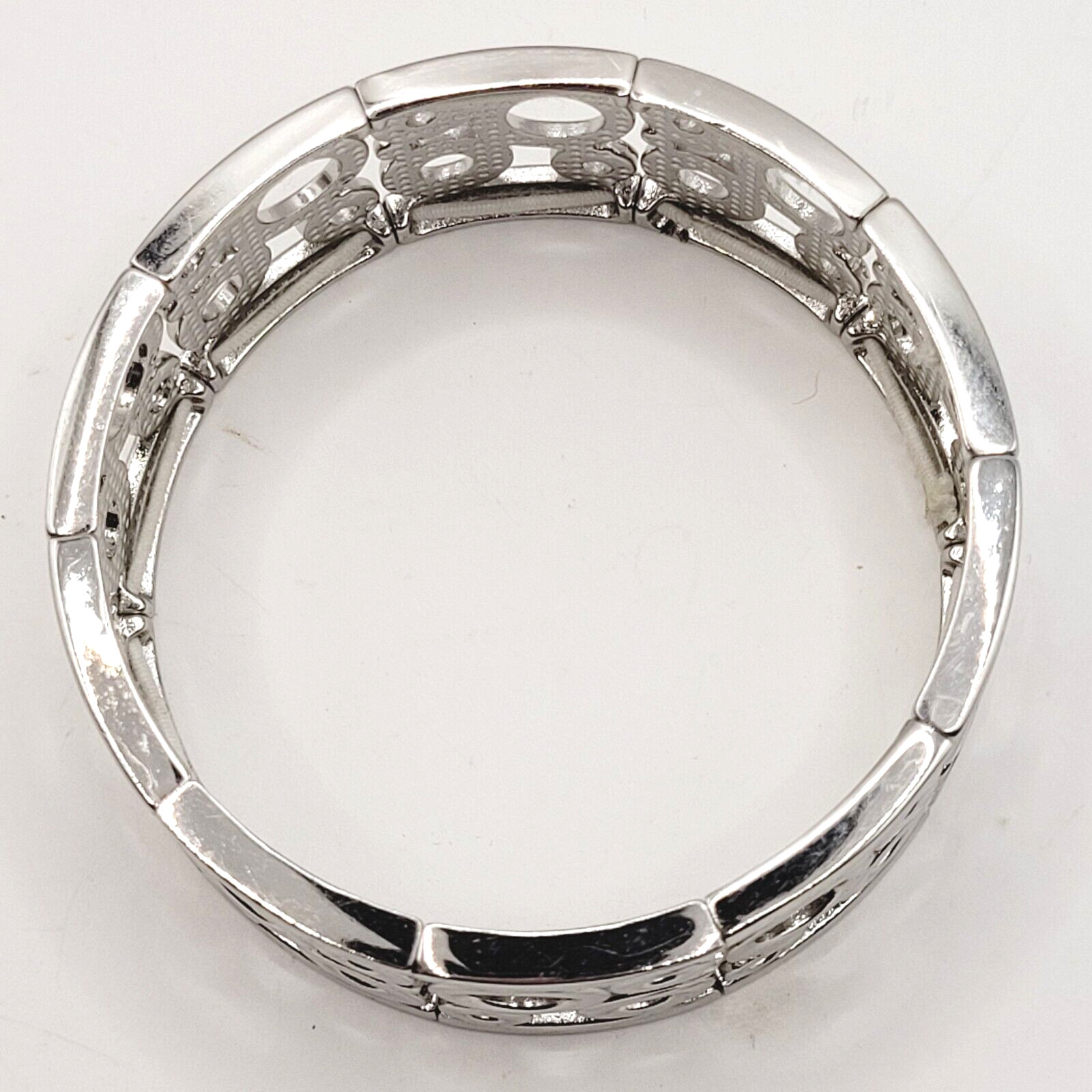 Modern Art Deco Open Circles Shiny Silver Tone Stretch Modernist Bracelet