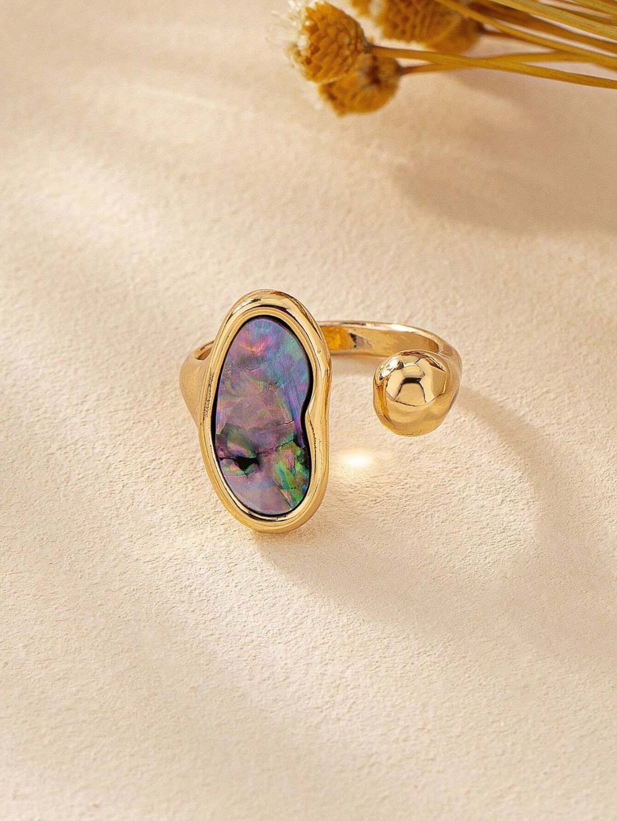 Womens Gold Tone Gemstone Inlaid Adjustable Open Ring Boho Daily Jewelry