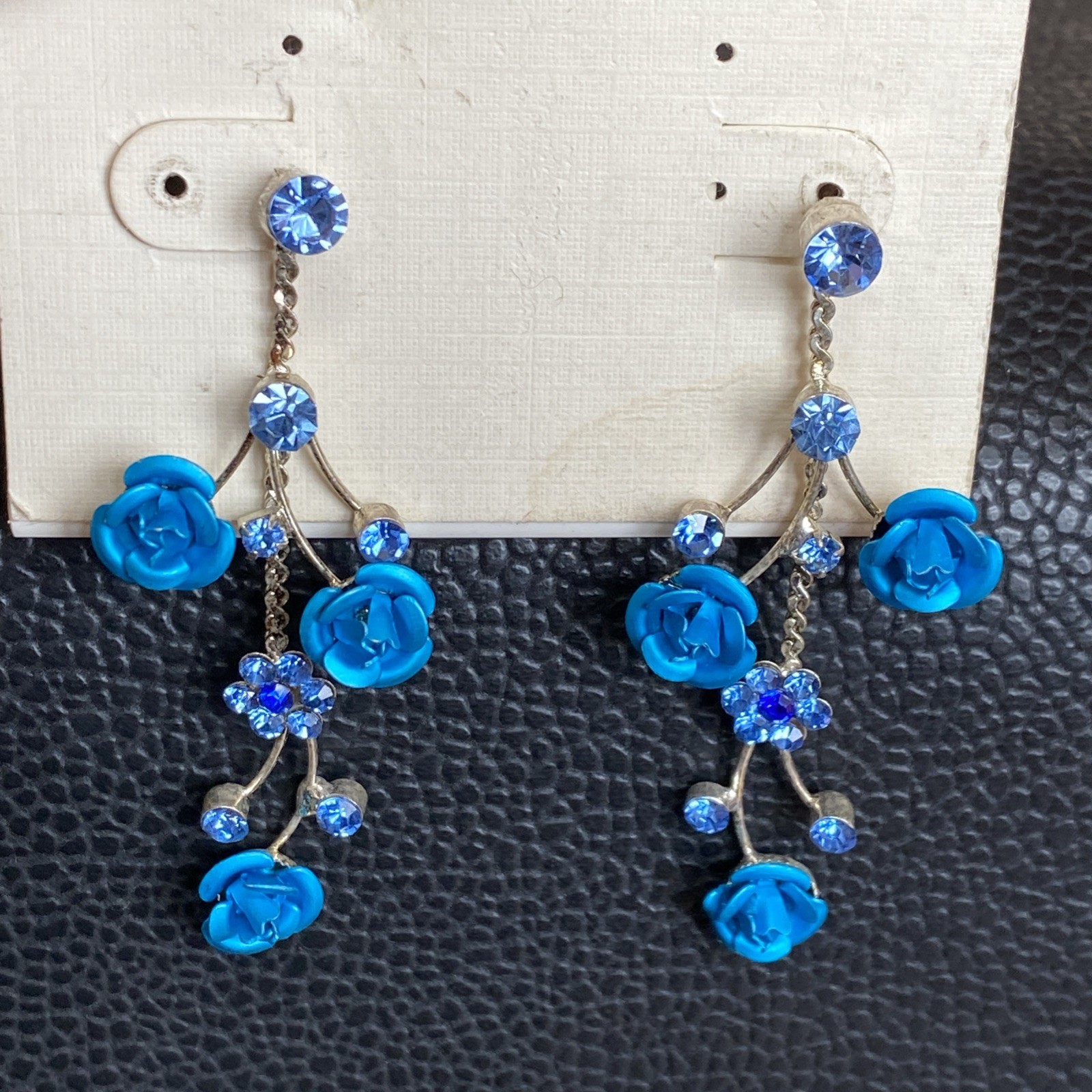 Faceted Blue Rhinestone Retro Aluminum Rose Dangle Silvertone Flower Earrings