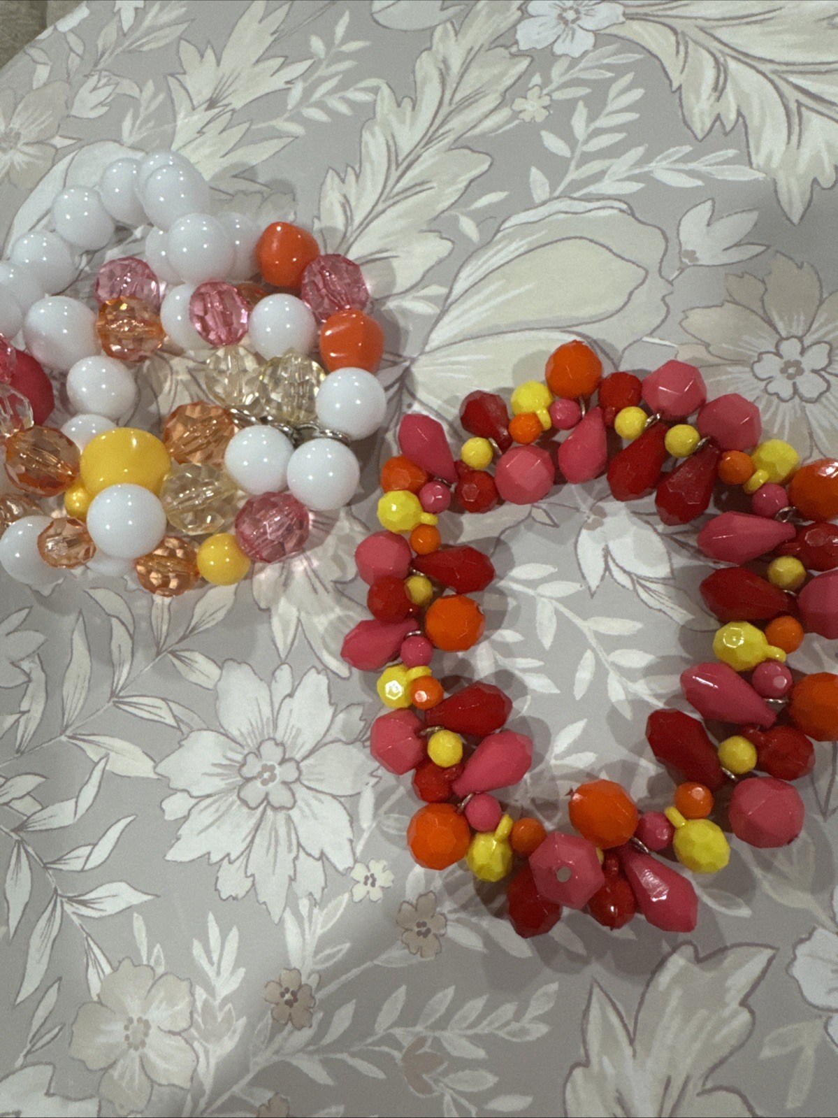 Lot Of 2 White Yellow Pink Orange Beaded Crystal Statement Bracelets Stretchy