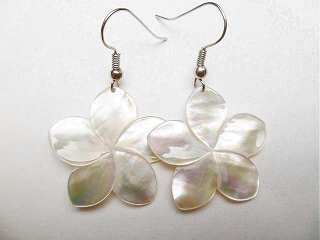 25mm White Mother of Pearl Hawaiian Plumeria Flower Dangling 316L Hook Earrings