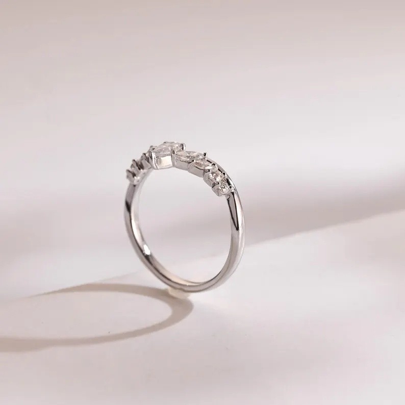 Pear Cut Moissanite With 18k White Gold Plated Silver Women’s Band Ring #84