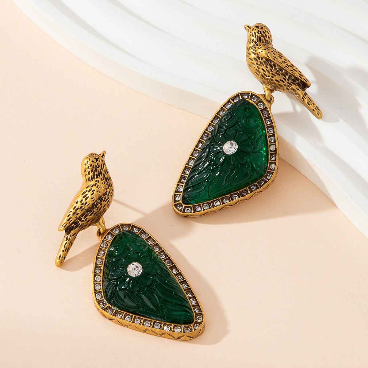 Vintage French Palace Green Geometric Bird Drop Earrings Luxury
