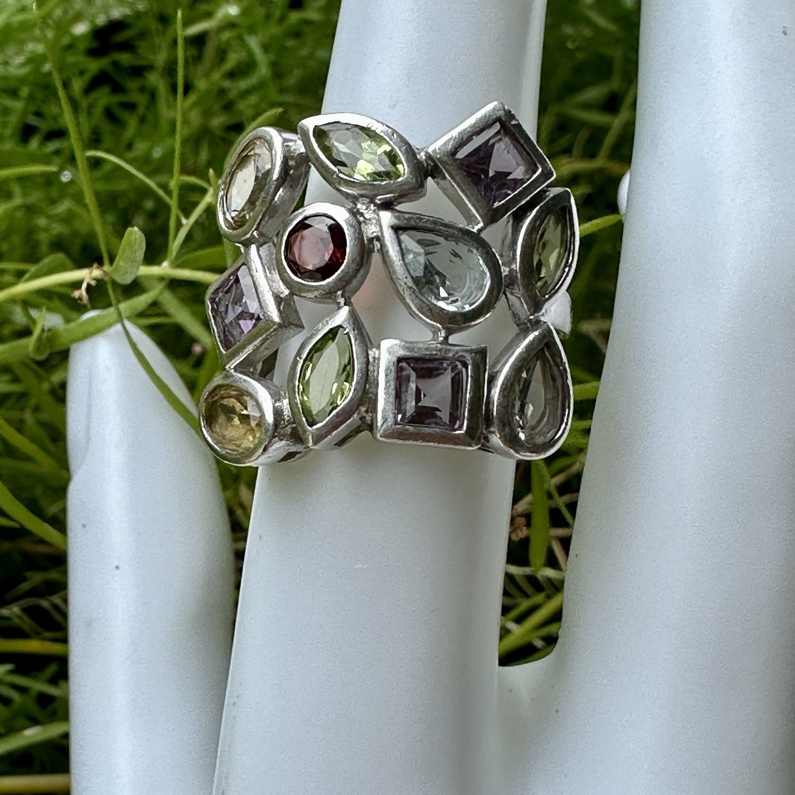 VTG ADI Statement Ring Size 6 Peridot Amethyst Garnet Gems 925 Sterling 9.1g