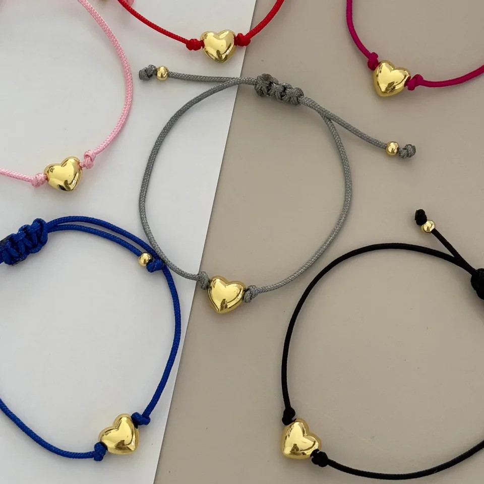 Red Rope Thread Bracelet Women Heart Charm Mixed Tone Layered Strand Jewelry