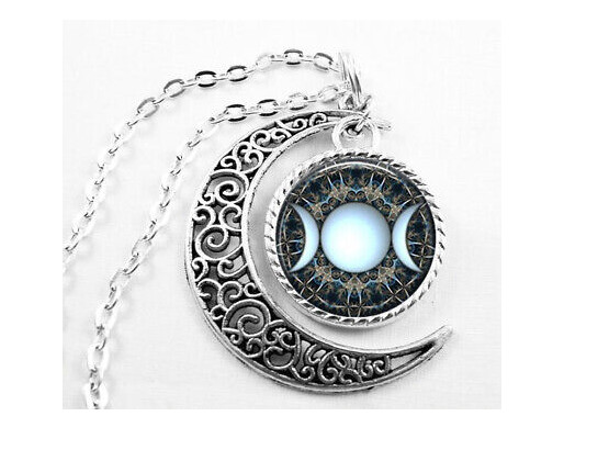 WICCA PAGAN TRIPLE MOON GODDESS Pendant On 22″ 925 Sterling Silver Necklace