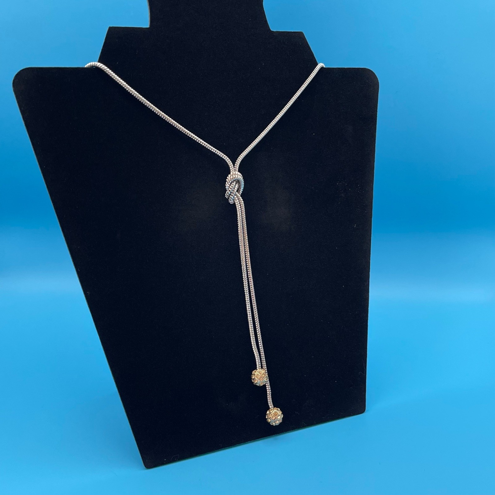 Banana Republic Lariat Necklace Women Silver Tone Knot Pave Ball Snake Chain