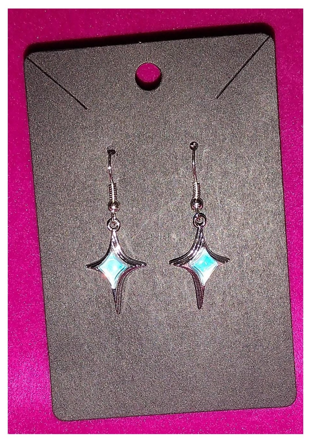 Synthetic Opal Gemstone Pyramid 4-Pointed Cross Star Dangle Drop Silver Earrings