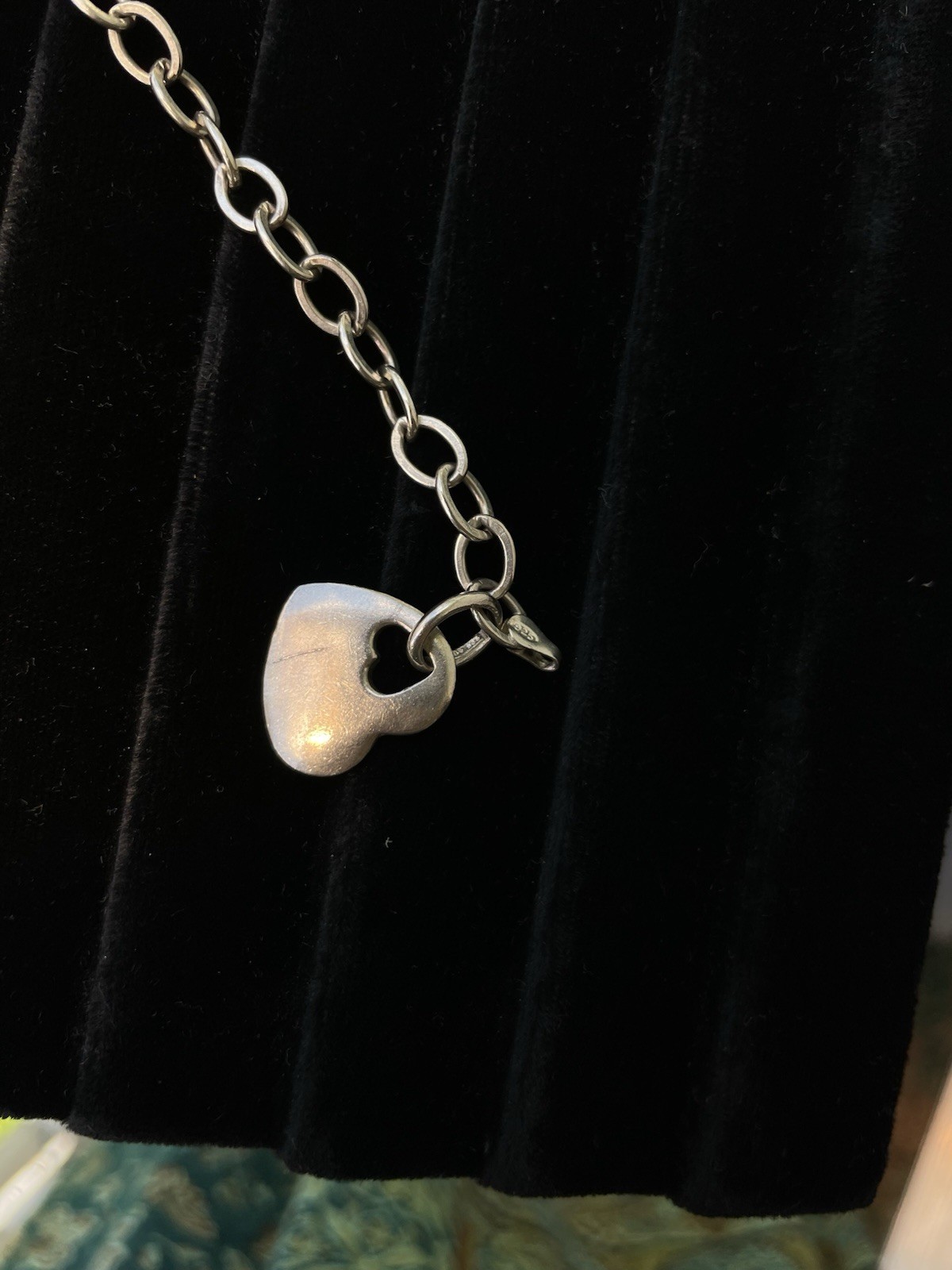 925 silver Oval Link Chain Charm Bracelet Heart Dangle Lobster Clasp