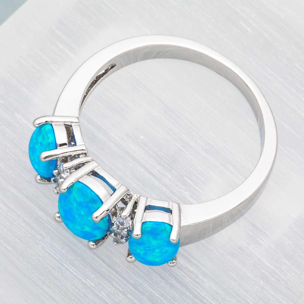 Three-Stone Ocean Blue Fire Opal Cabochon CZ Silver Jewelry Ring Size 6 7 8 9