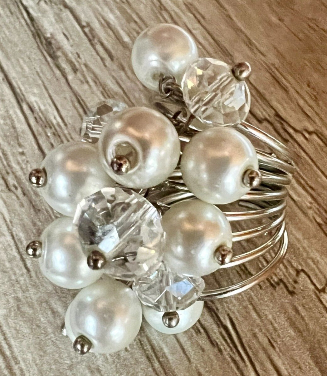 Vintage Faux Pearl & Crystal Cluster Statement Ring Adjustable Multi-Band Unique