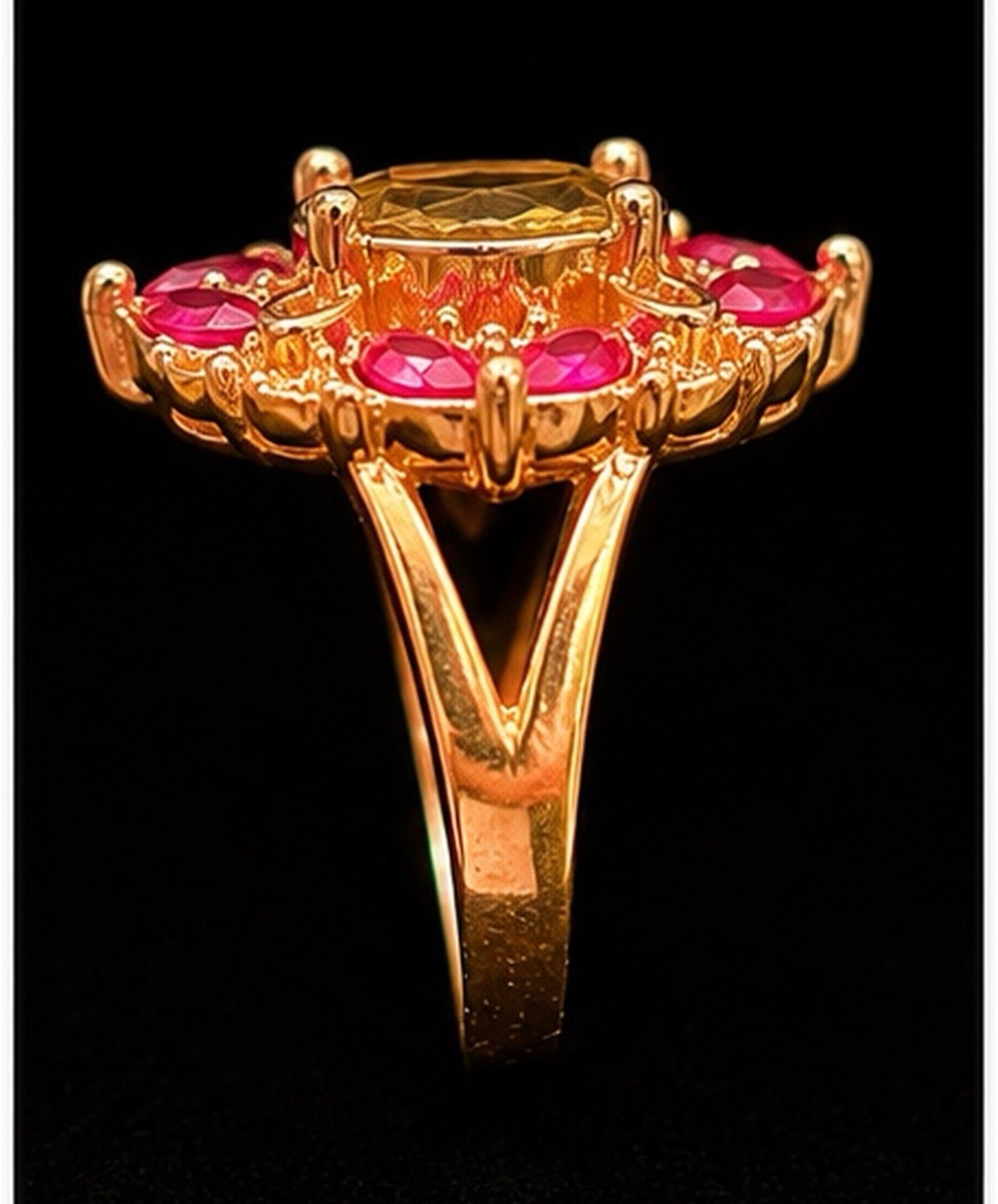 Gold-Tone Cocktail Ring Size 11 Oval Yellow Stone Pink Marquise Halo Prong