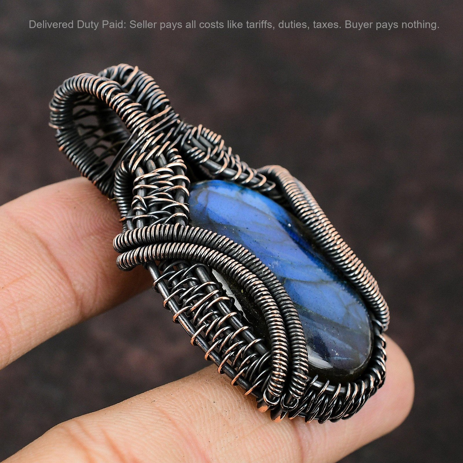 Oval Labradorite Stone Wedding Wire Wrapped Art Deco Boho Pendant Jewelry Copper