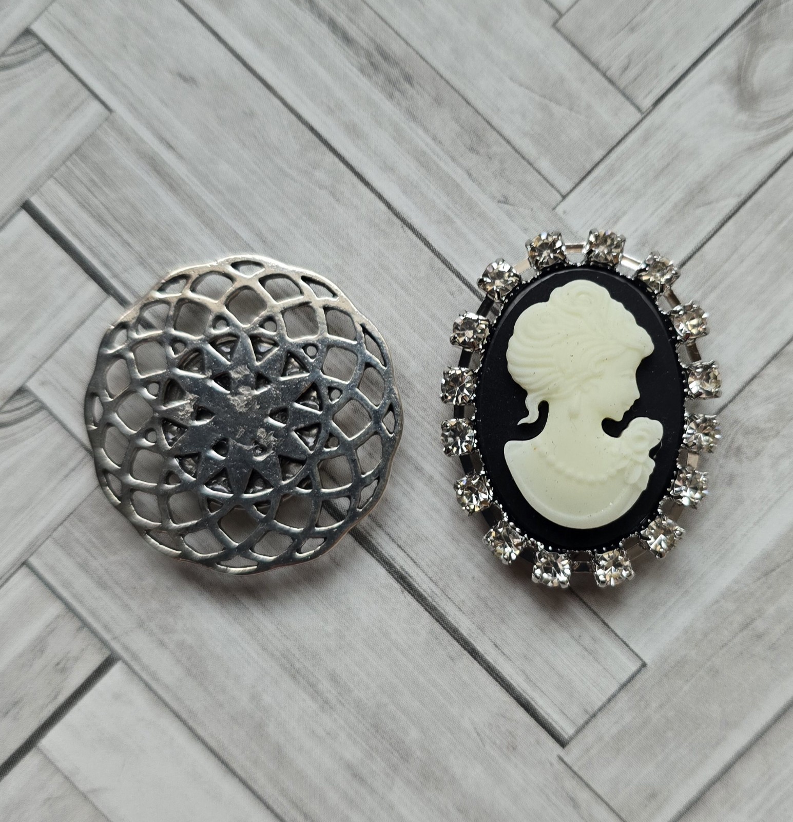 MAGNETIC Cameo Brooch, Black, Cream silver rhinestone framing. Victorian jewelry
