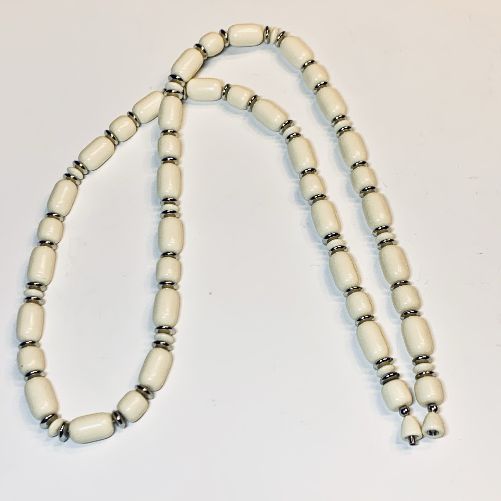 Vintage Cream & Silver Bead Necklace 32”