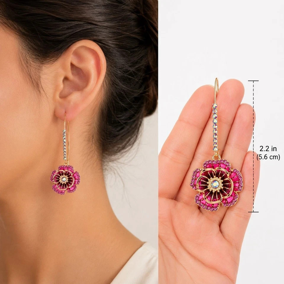Pink Rose Flower Dangle Earrings Gold Tone Crystal Rhinestone Women’s Jewelry