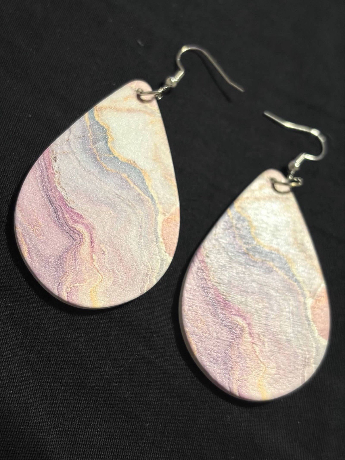 Pastel Marble Teardrop Dangle Earrings Pink Purple Gold Abstract Statement