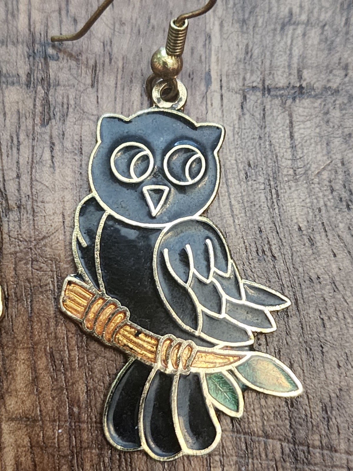 Owl Earrings Cloisonne Black Multi Color Dangling Drop