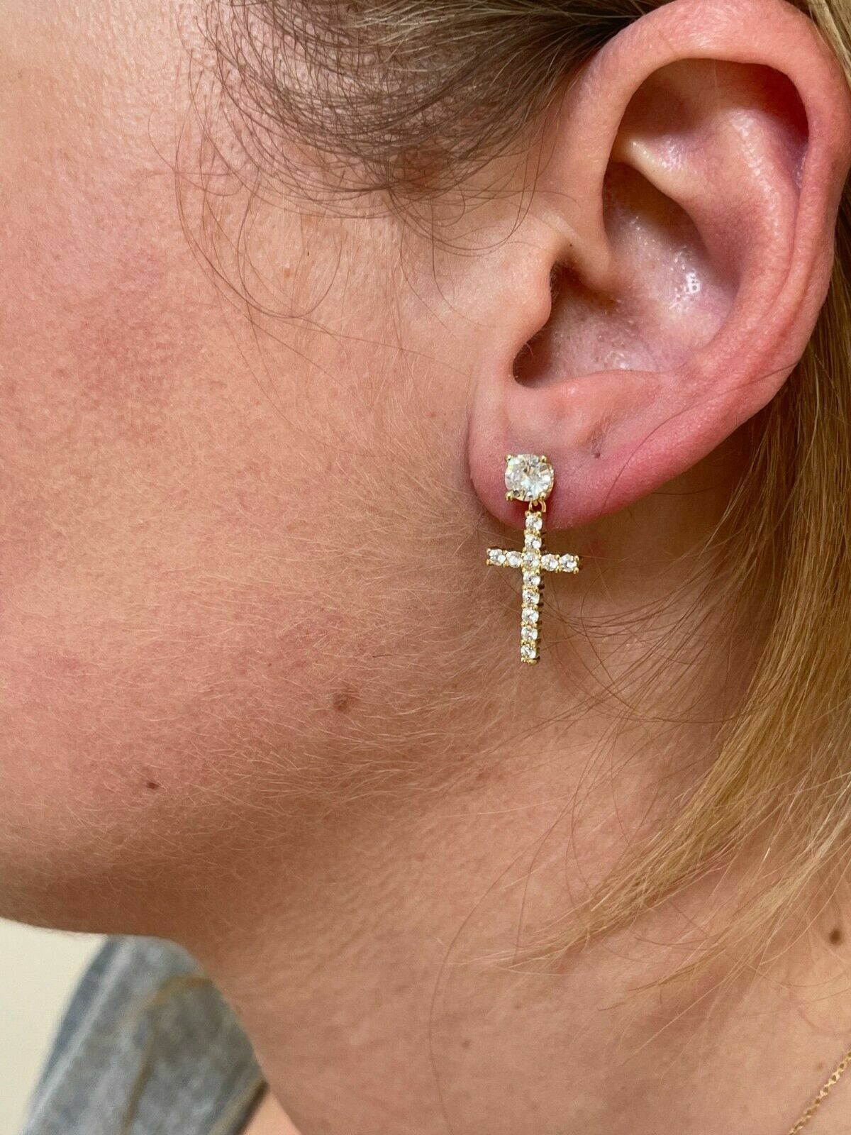 Real MOISSANITE 14k Gold Plated Dangle Cross Studs Earrings Iced Passes Tester