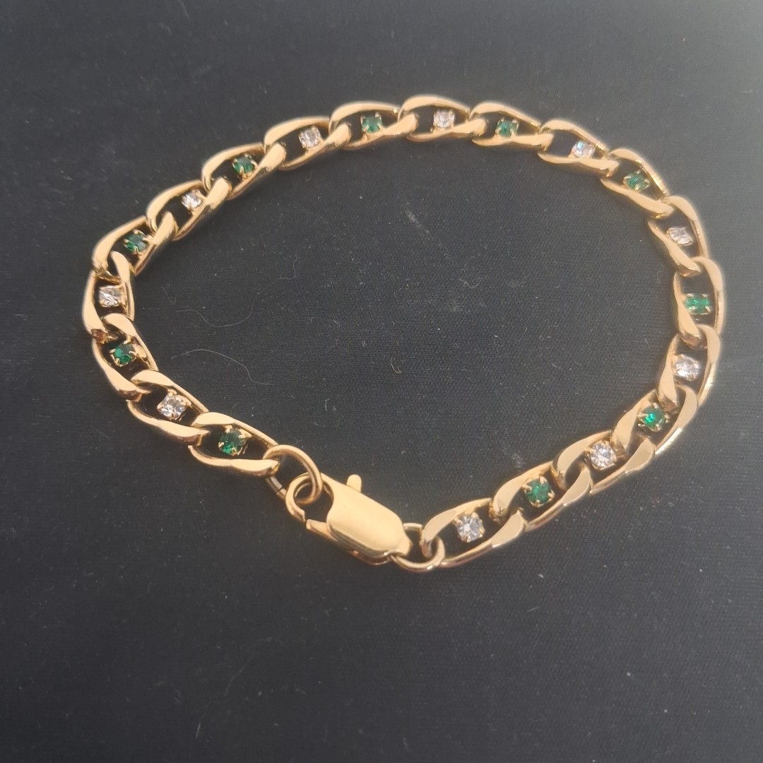 Vintage Gold Tone Mariner Link Bracelet Green Clear Crystal Accents No Stamp…