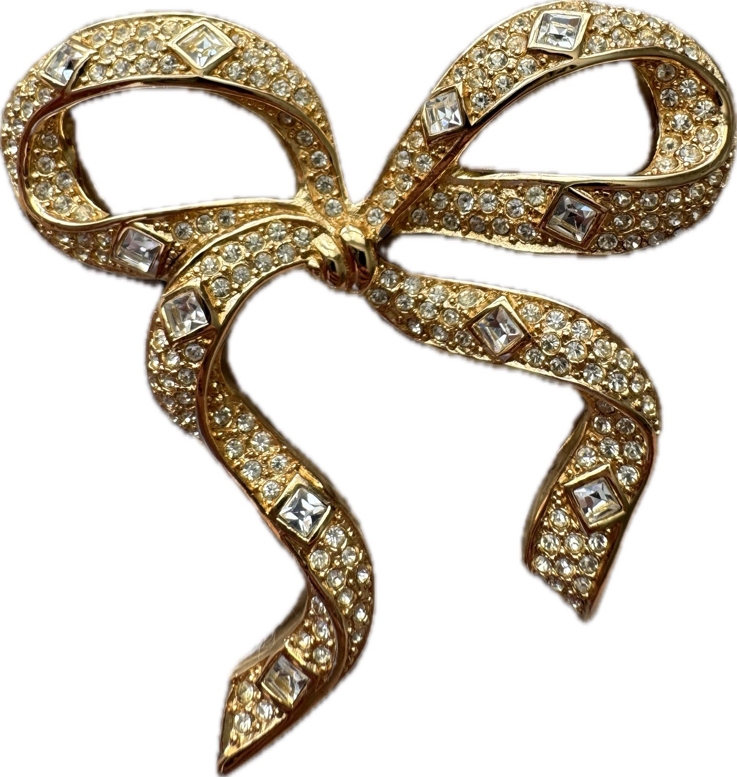 Vintage Christian Dior Gold-Plated Ribbon Bow Crystal Brooch